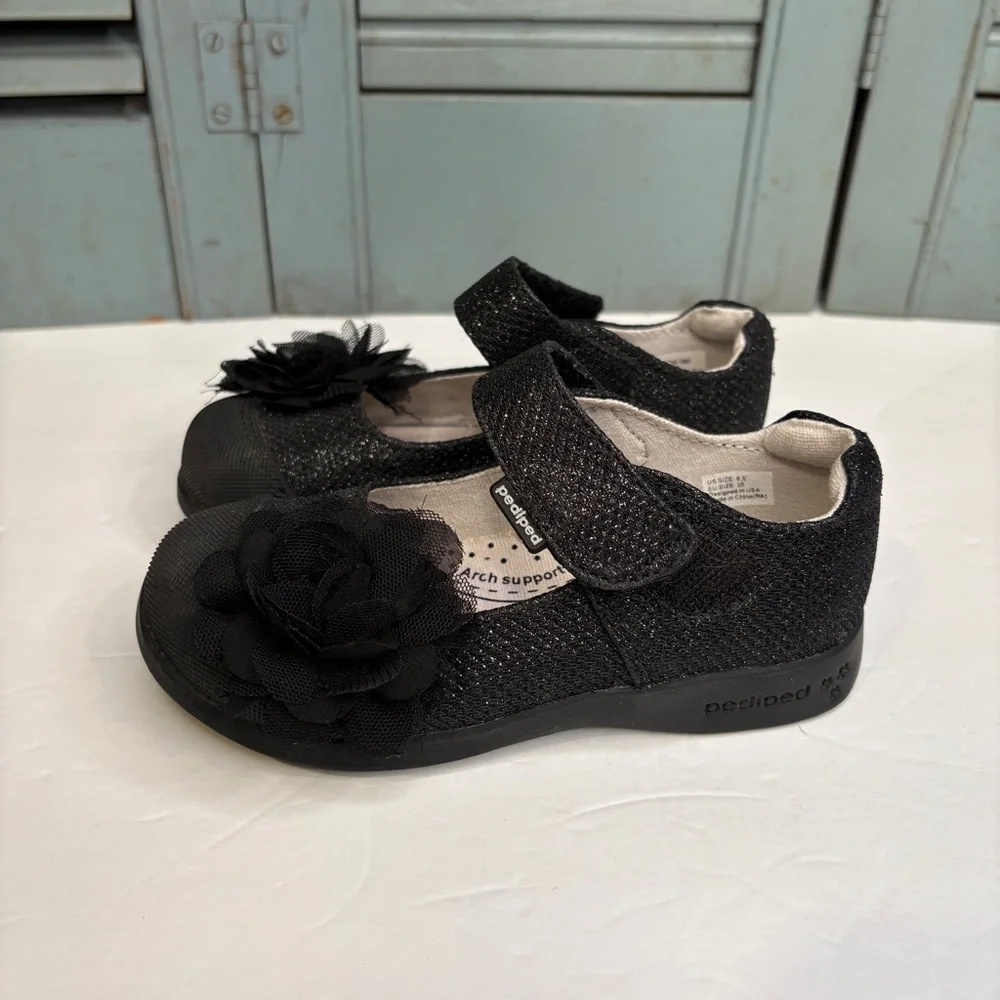 Pediped Black Glittery Mary Jane Shoes With Rose Applique Size 8.5 US 25 EU
